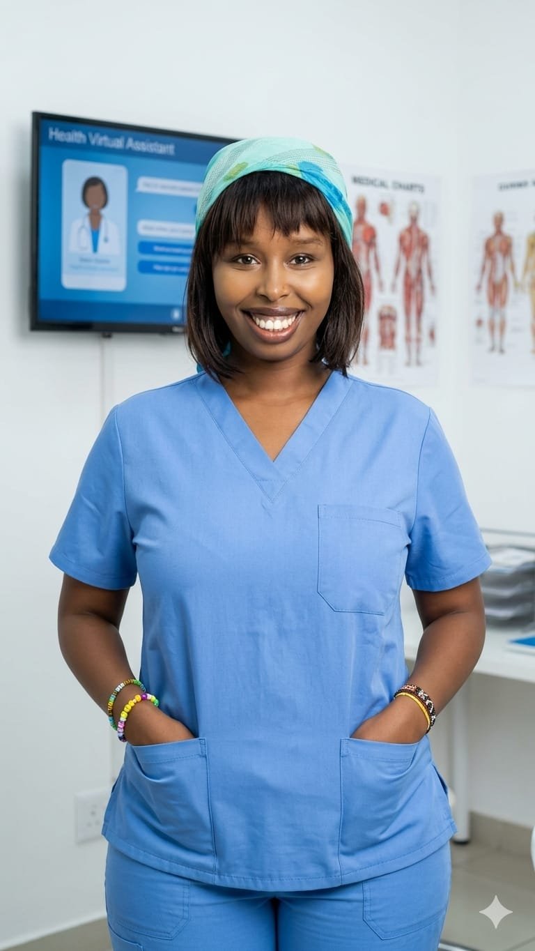 Ruth Mbugua in blue medical scrubs