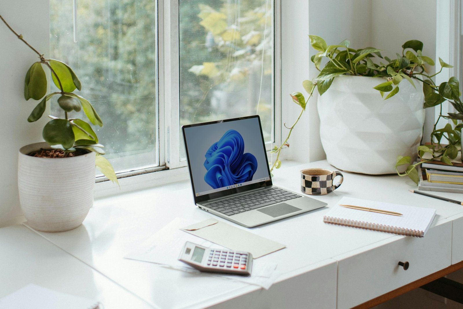 Bright professional workspace with a laptop, notebook and plants